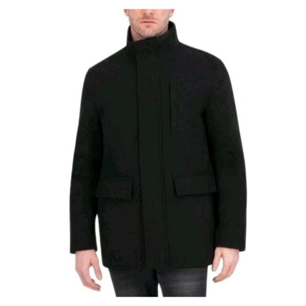 Nautica Men's Wool Blend Car Coat Jacket Stand Collar Black Large 5 Pocket NWT